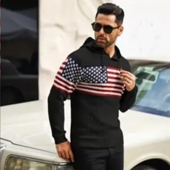 Men Hooded American Stars Stripes Knit Sweater With Long Sleeve And Draw - Large - Picture 2 of 9
